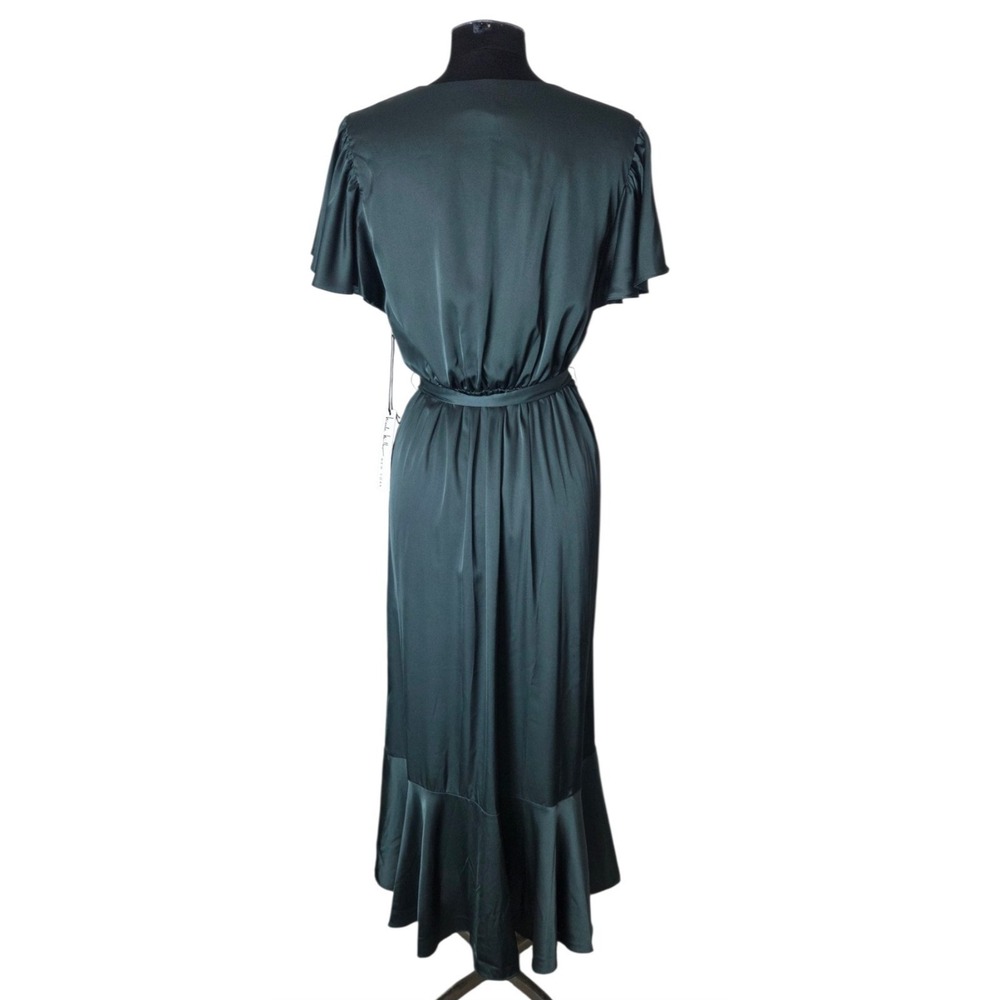 Nicole Miller Emerald Green Satin Wrap Dress Ruffled Hem Flutter Sleeve Size M/L - Picture 3 of 8